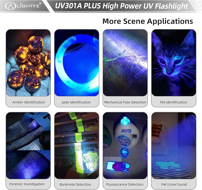 LIGHTFE Blacklight 395nm UV Flashlight UV301A-Plus with SSC UV LED, Pure Beam for UV Glue Curing