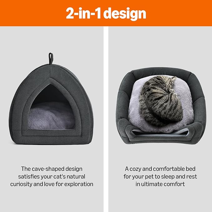 Amazon Basics Cat Cave Bed, 2-in-1 Foldable House for Indoor Cats, with Washable Cushion and