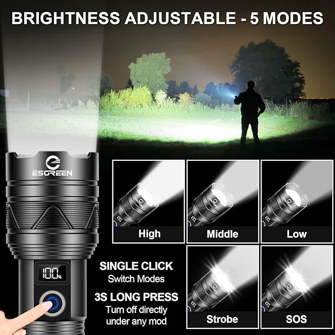 Rechargeable Flashlights 2000 High Lumens, Long Range 5000ft, Super Bright LED Flashlight USB C