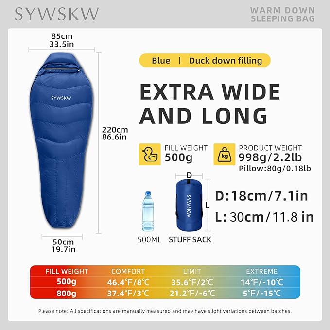 Down Sleeping Bag with Pillow, Lightweight Wide Sleeping Bag (86.6 in x 33.5 in) for Adults