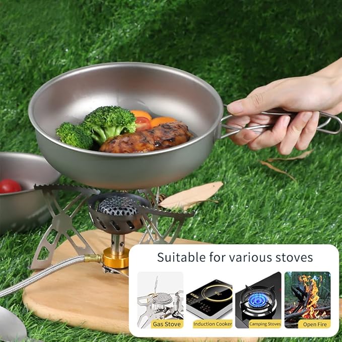 BY-J 3 Piece-Set, Outdoor Titanium Frying Pan & Pot with Lid Folding Handle Camping Hanging