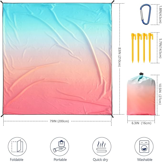 Beach Blanket Waterproof Sandproof Beach Mat 79" X 83"/10'x9'for 2-8 Adults Quick Drying Outdoor