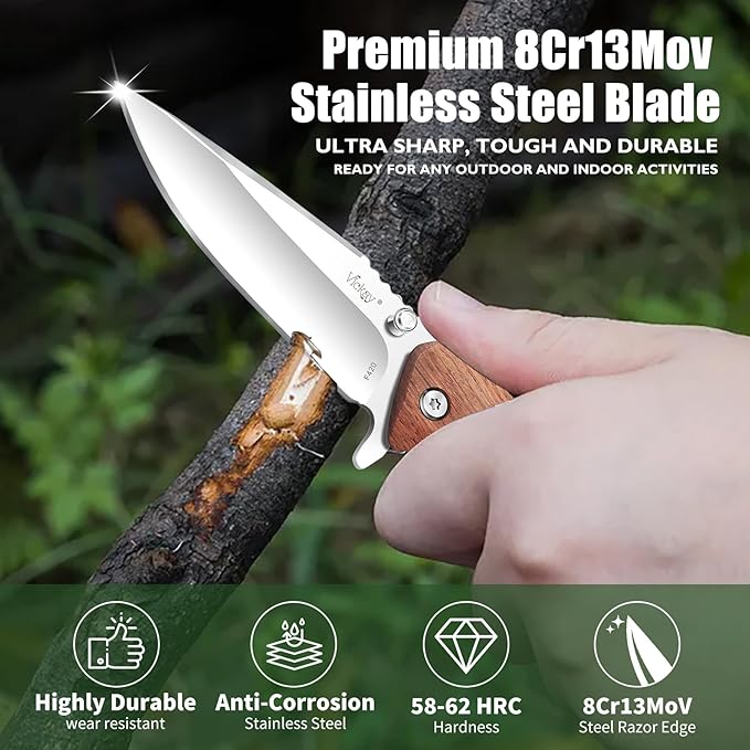 Vickay Folding Pocket Knife with Clip, 2.95" 8Cr13MoV Steel Blade, Wood Handle EDC Knife for Men &