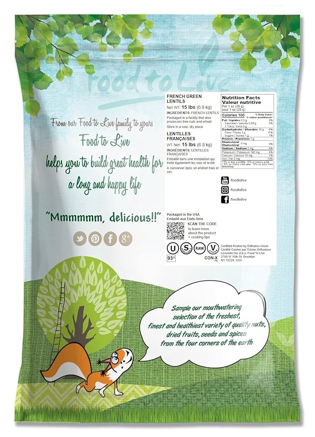 Food to Live French Green Lentils, 15 Pounds ??Whole Dry Beans, Raw, Sproutable, Vegan, Kosher