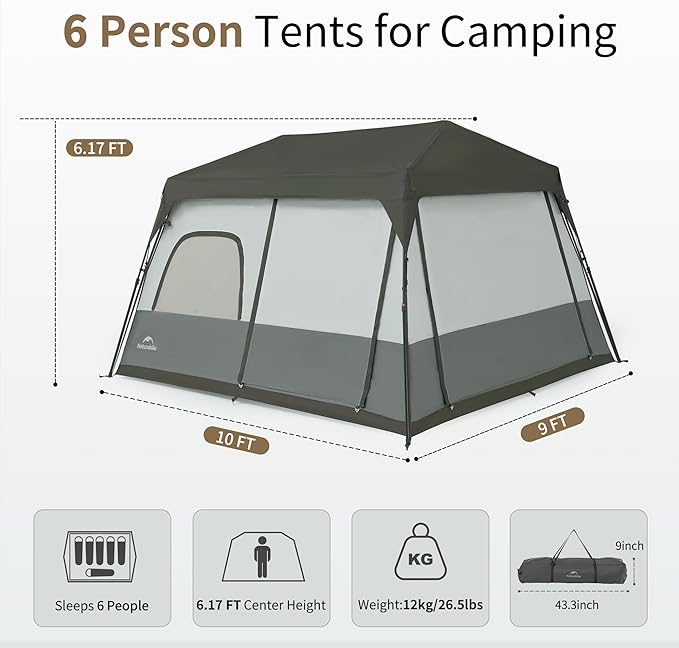 Naturehike Cape 4/6/8 Person Camping Tent, 60S Easy Setup Instant Tent Pop up Tent, Waterproof
