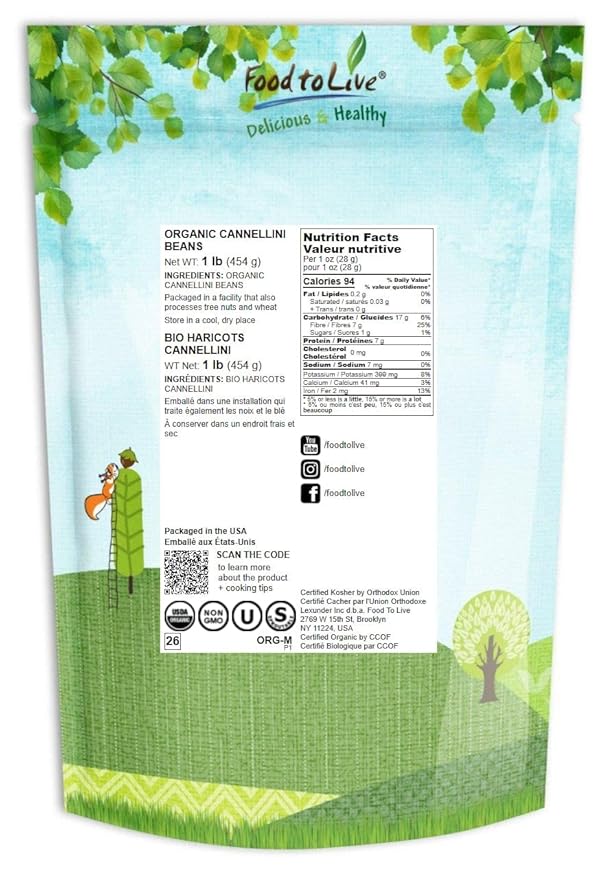 Food to Live Organic Cannellini Beans, 1 Pound ??Non-GMO, Dried White Kidney Beans, Sproutable