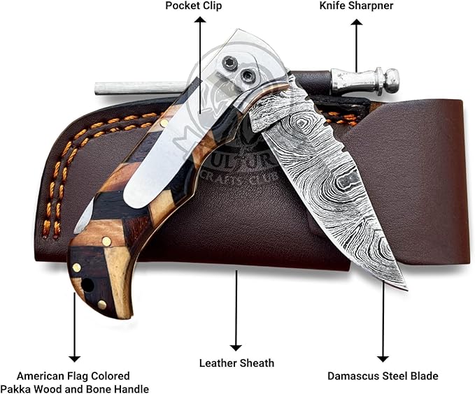 Damascus Pocket Knife for Men Handmade - 6.5 Inches Damascus Folding Knife with Sheath -Ideal for