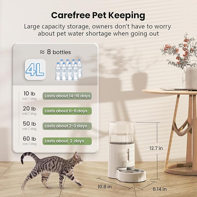 CZPET Automatic 4L/1Gal/135Oz Cat Water Dispenser with Stainless Steel Bowl, Gravity Waterer for
