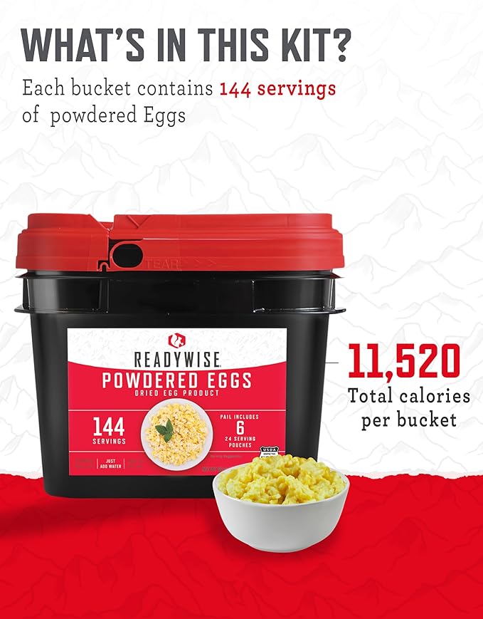 ReadyWise Emergency Food Supply - 144 Servings Freeze Dried Powdered Eggs Bucket, Protein Meals