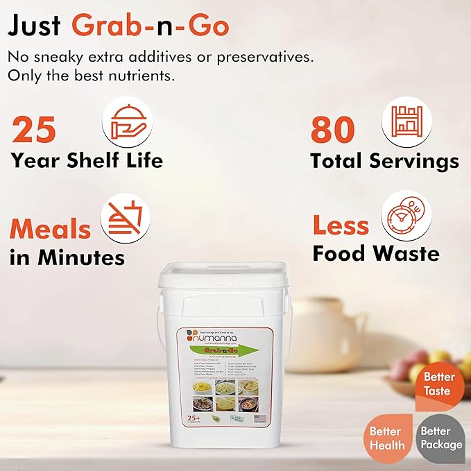 NuManna Grab-n-Go Bucket??80 Servings, 12 lbs Freeze-Dried Premade Meals | 25+ Year Shelf Life |