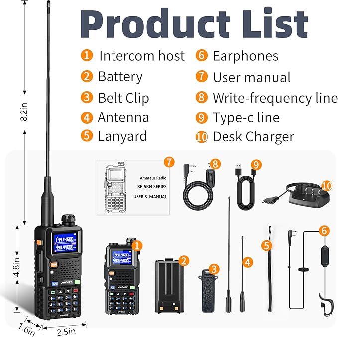 5RH Ham Long Range Radio 10W Radio (Upgraded of UV-5R), 999CH One Key Frequency Match, 2500mAh