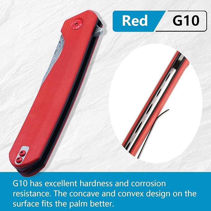 KANSEPT Qilin Pocket Knife,3.24'' Damascus Sharp Blade, Red G10 Handle for Edc, Flipper and Liner