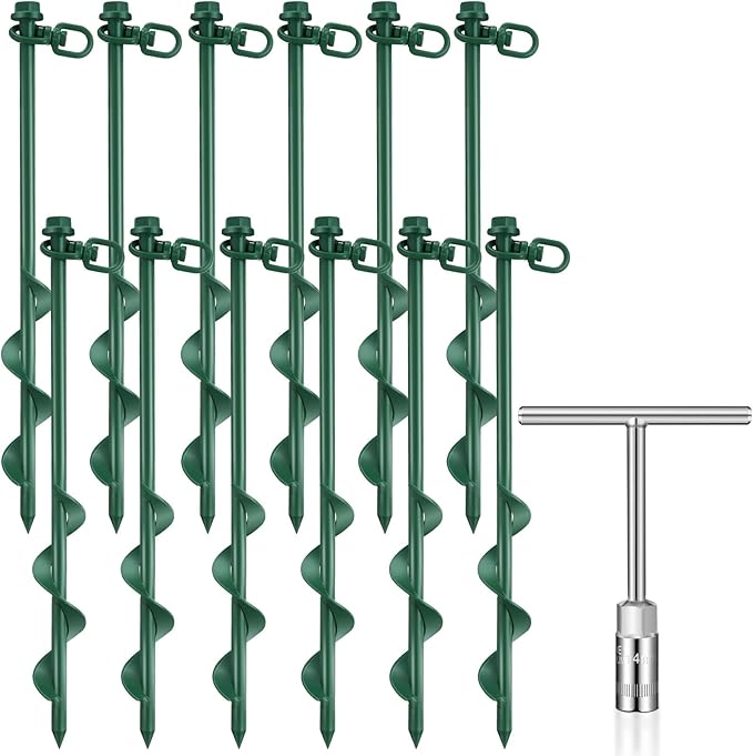 Zhengmy 12 Pcs Ground Anchors Screw in, 12 Inch Heavy Duty Tent Stakes with Trampoline Anchor Hook