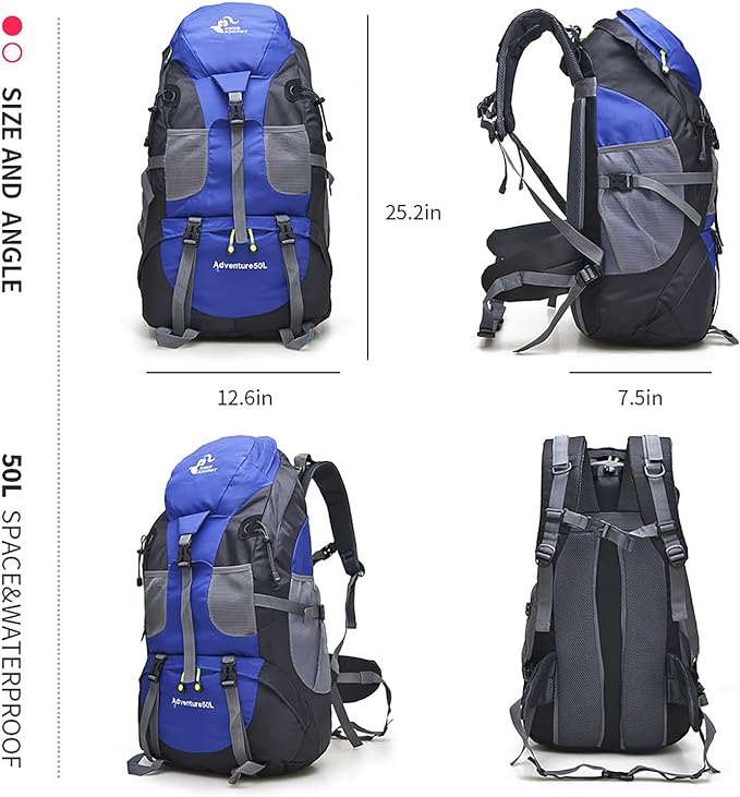 Bseash 50L Hiking Backpack, Water Resistant Lightweight Outdoor Sport Daypack Travel Bag for