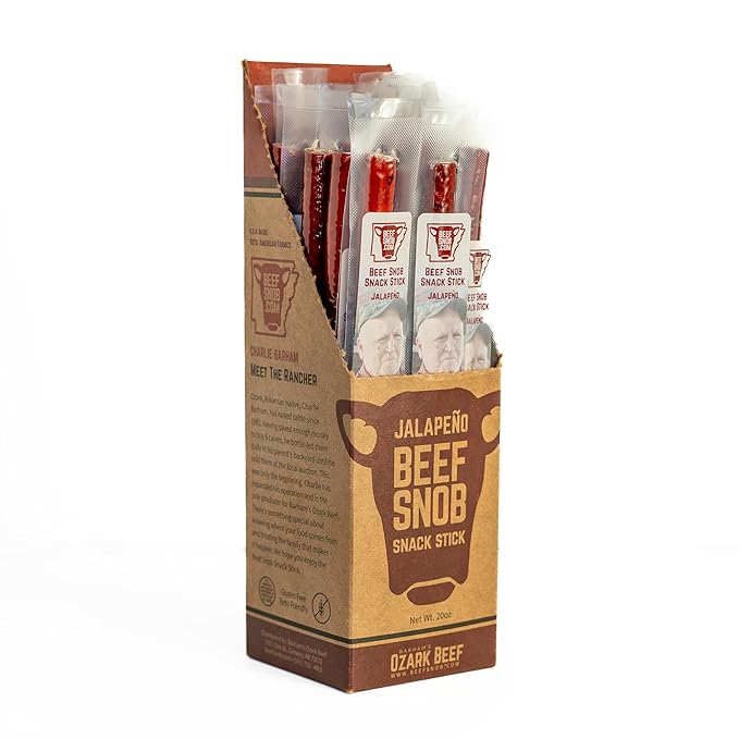 Beef Snob Snack Sticks - Jalapeño Flavor - 1 Ounce Snack - 20 Meat Sticks Per Box - High Protein