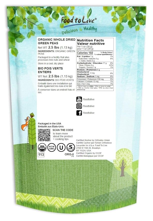 Food to Live - Organic Whole Dried Green Peas, 2.5 Pounds Non-GMO, Green Vatana, Sproutable, Vegan