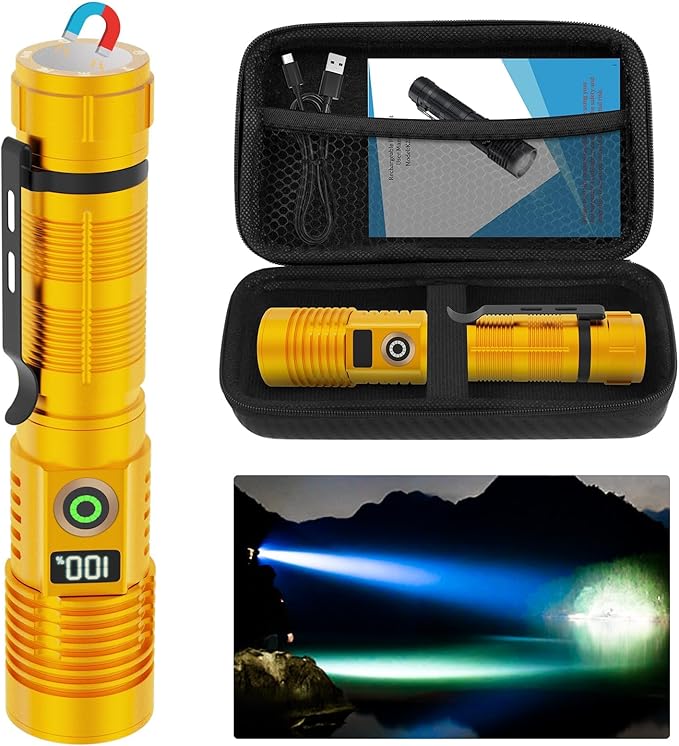 Rechargeable Flashlight High Lumens- Super Bright Magnetic Flash Light with Power Digital