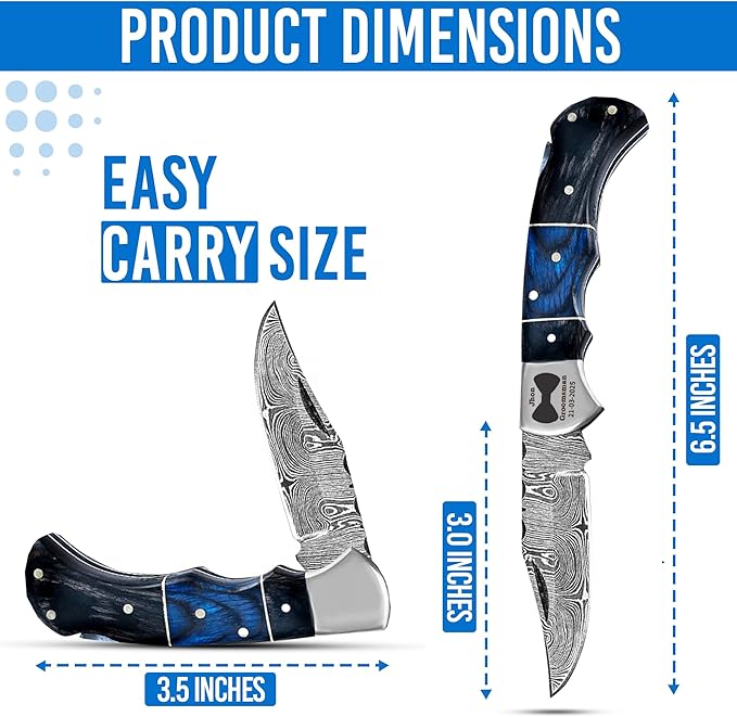 Set of 3 - Personalized Damascus Pocket Knife for Groomsmen -With Leather Sheaths - Custom Engraved