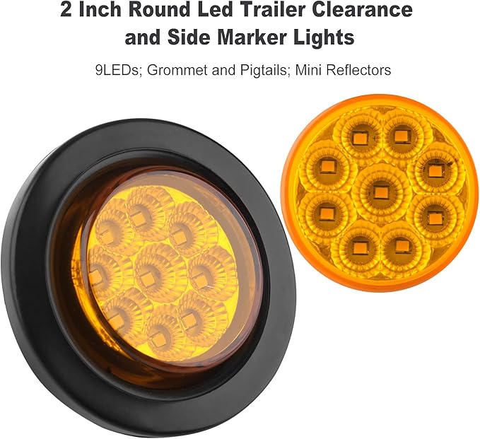 10Pcs 2 Inch Round LED Marker Lights Amber 9 LEDs w/Reflectors, 2 Inch Round Led Side Marker