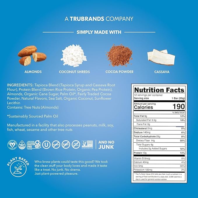 TRUBAR Vegan Protein Bar, Cocoa For Coconuts, Gluten Free, Plant Based Protein, Dairy Free, Non