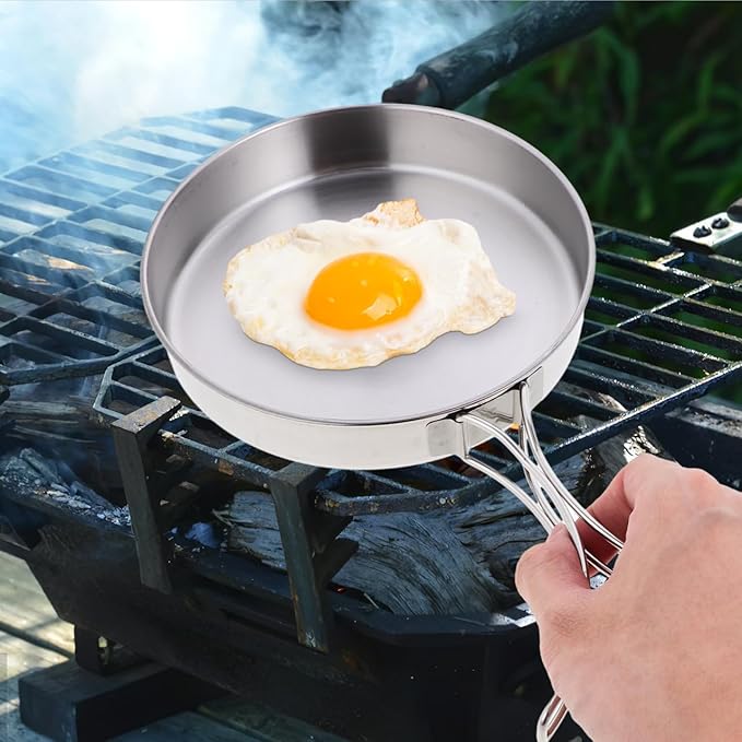 Stainless Steel Camping Frying Pan, 5.82x5.82x1.18inch Portable Outdoor Cooking Pot with Handle