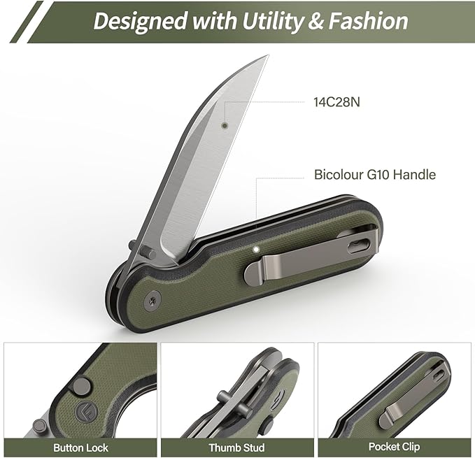 FINTISO Pocket Knife, 3" 14C28N Blade EDC Knife with G10 Handle, Folding Knife with Pocket Clip for