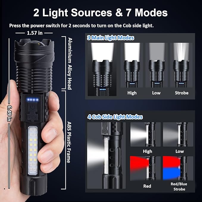 Rechargeable Flashlights High Lumens 2 Packs, 980,000L Super Bright Zoomable Tactical Flash Light