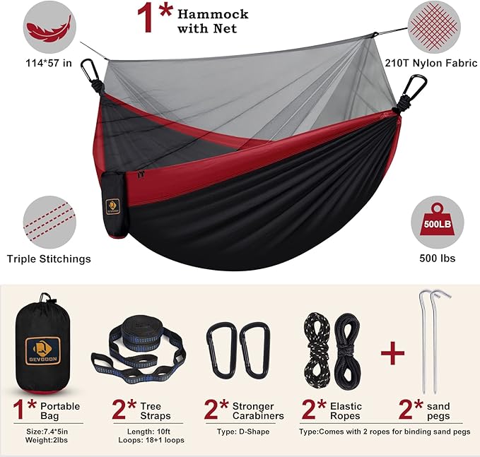 Camping Hammock with Net,Portable Lightweight Double Hammocks with Tree Straps and Solid D-Shape