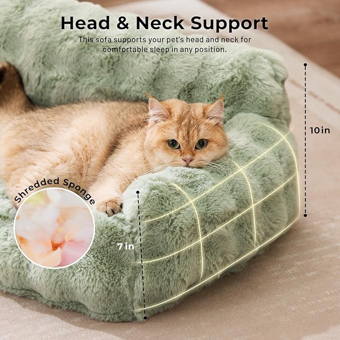Cat Couch Bed for Indoor Cats - Orthopedic Cat Sofa with Supportive Egg Foam, Fluffy Cute Faux Fur