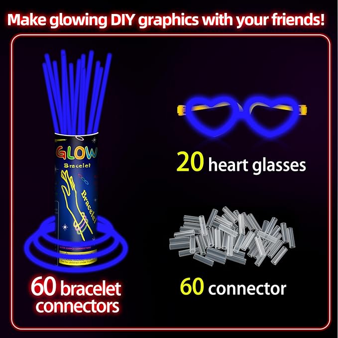 60 Pack 8??Blue Glow Sticks Bulk Bright Glow Sticks with 60 Connectors 20 Heart Glasses Glow In The