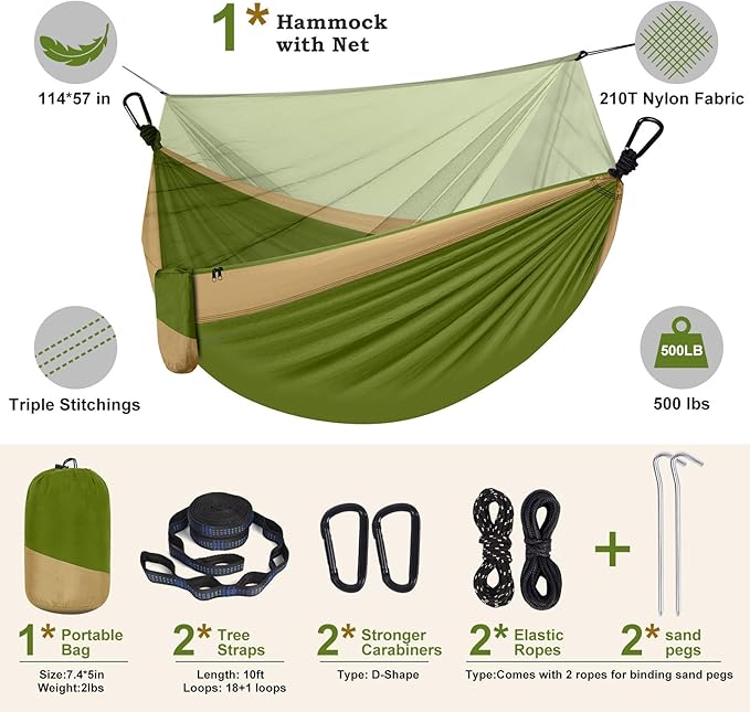 Camping Hammock with Net,Portable Lightweight Double Hammocks with Tree Straps and Solid D-Shape