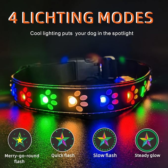 LED Light Up Dog Collar, USB-C Rechargeable, Multicolor Paw Print Design, 15 Modes Lighting Night