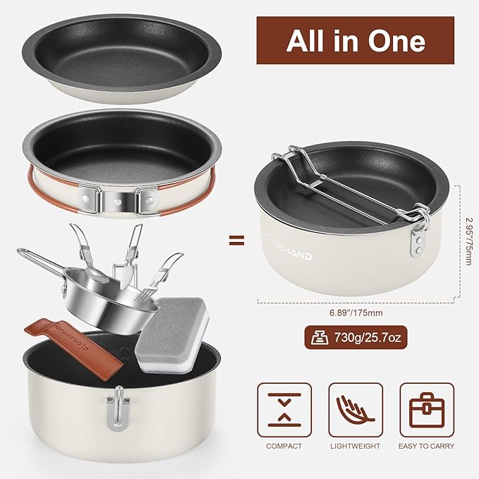 Odoland 10pcs Camping Cookware Non-Stick Camping Pot and Pan Set with Plate Bowl Fork Knife Spoon