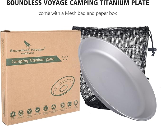 iBasingo Titanium Camping Plates with Mesh Bag - 174mm Ultralight Backpacking Dinnerware for