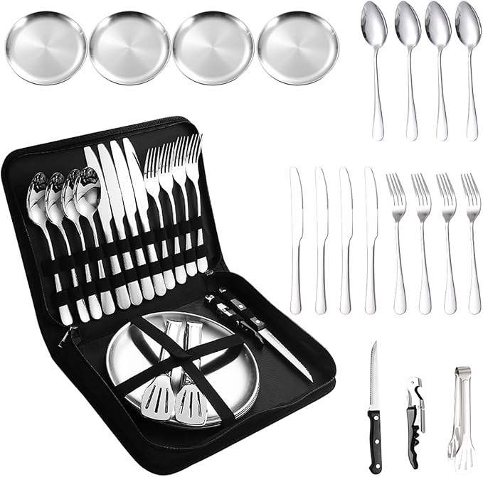 Camping Silverware Silver Picnic Plates and Utensils Set for 4 Portable Tableware Stainless Steel