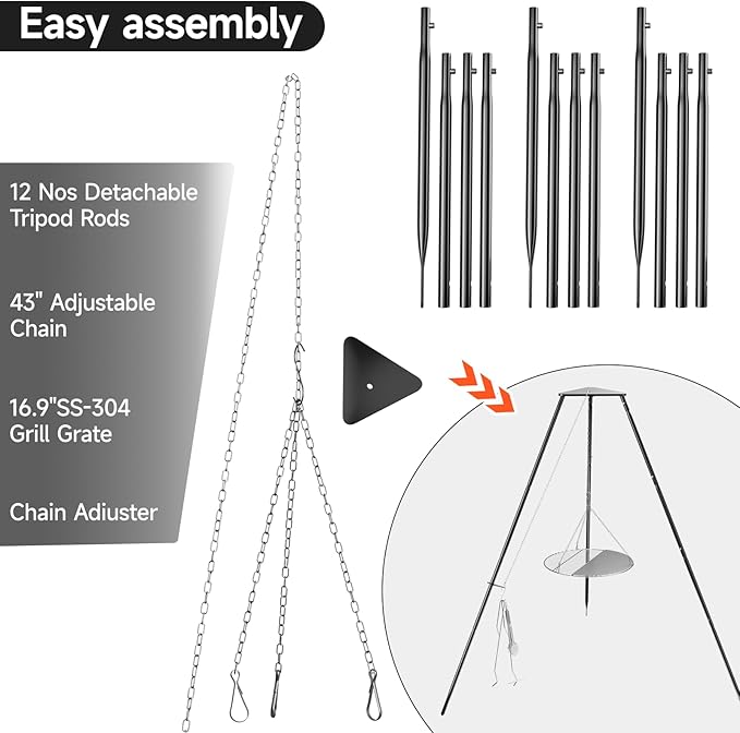 Campfire Tripod for Cooking, Campfire Cooking Equipment, Round Grill Grate with Adjustable Height
