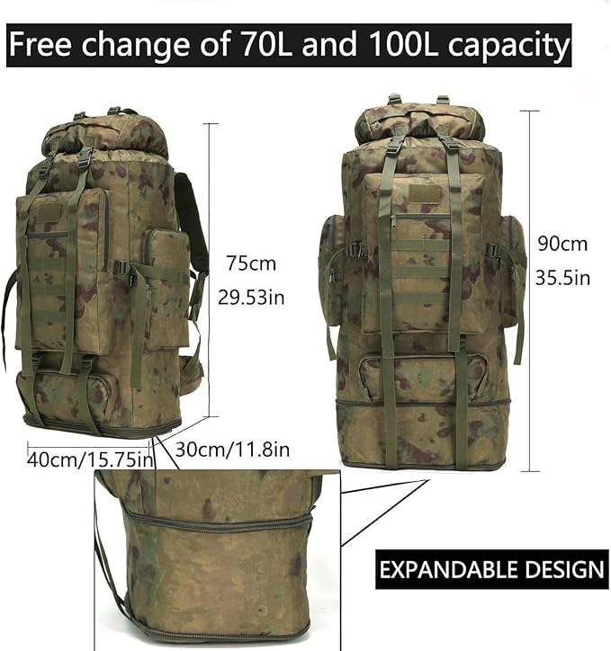 Hiking Backpack for Men 70L/100L Camping Backpack Military Rucksack Molle 3 Days Assault Pack for