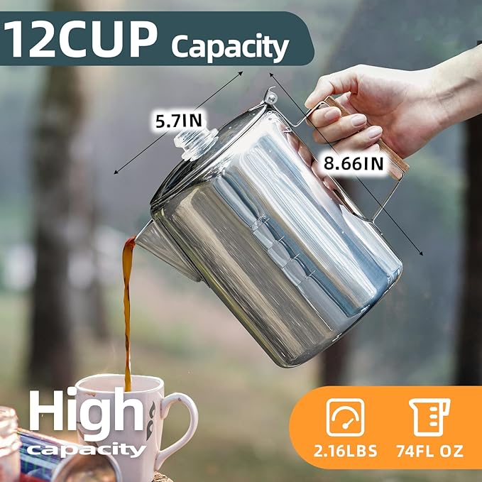 MEREZA Camping Percolator Coffee Pot 12 Cup Stove Top Coffee Percolator Non Electric Coffee Maker