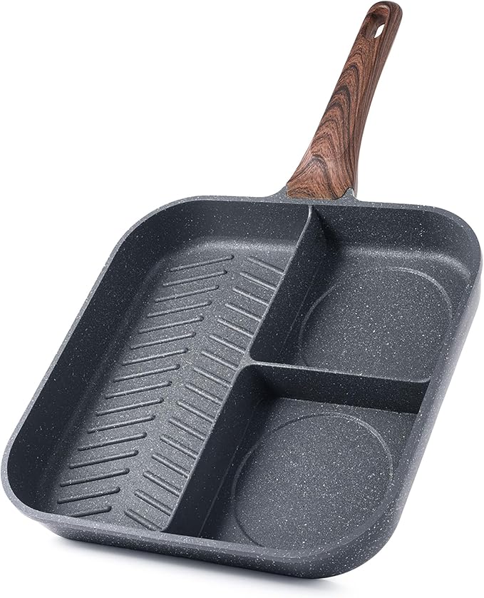 Sensarte Nonstick 11-Inch Square Grill Pan, 3-Section Versatile Breakfast Skillet, Die-cast