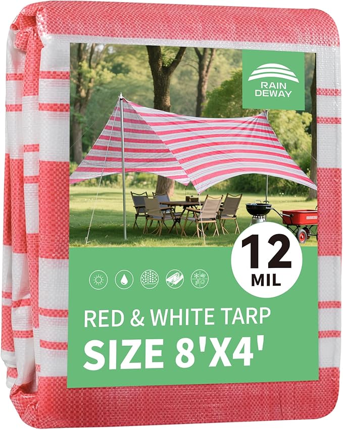 RAINDEWAY Tarps 4x8 Feet,12 Mil Sunshade Striped Tarp Waterproof,Multipurpose Poly Tarp Cover with