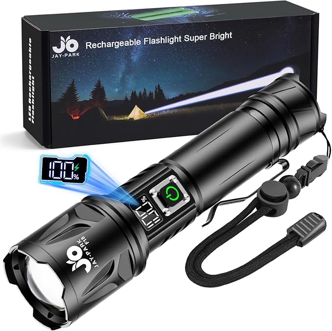 JAY-PARK High Lumen Flashlight - 10000 Lumens, Rechargeable 5000mAh with LCD Display, Zoomable Long