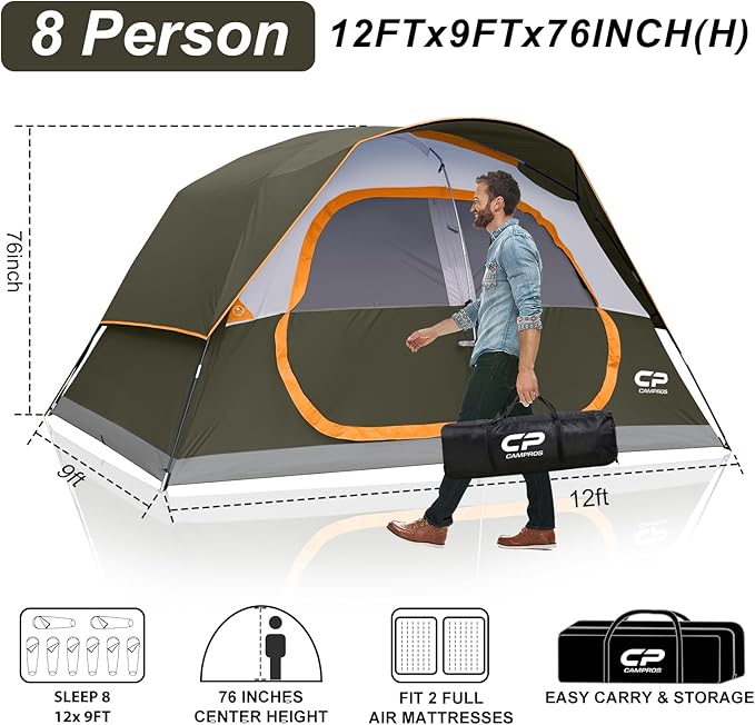 CAMPROS CP Tent 8 Person Camping Tents, Waterproof Windproof Family Tent with Top Rainfly, Large