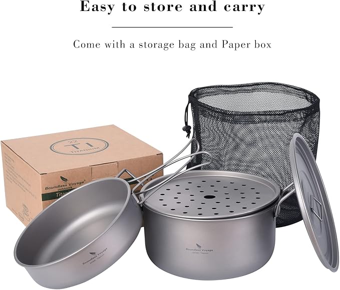 Boundless Voyage Multifunctional Titanium Steamer Pot with Frying Pan and Vented Lid Outdoor