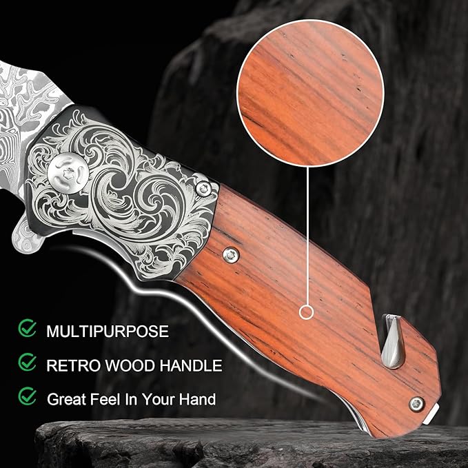 Pocket Knife with Glass Breaker, EDC Damascus Folding Knife with Seatbelt Cutter, 3.35" VG10