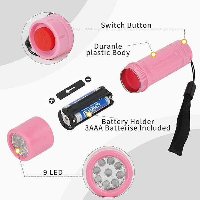 50 Pack 9-LED Mini Flashlight Bulk, Small Multicolor Flashlights with Lanyard, Batteries Included