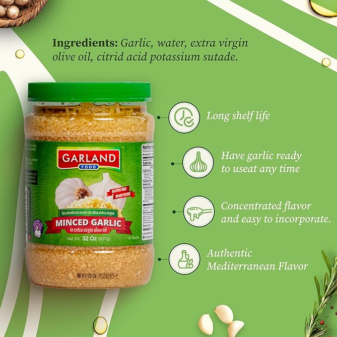 Garland Food Minced Garlic in Jar in Olive Oil 32 oz ??Made in the USA ??Minced Garlic in Olive Oil