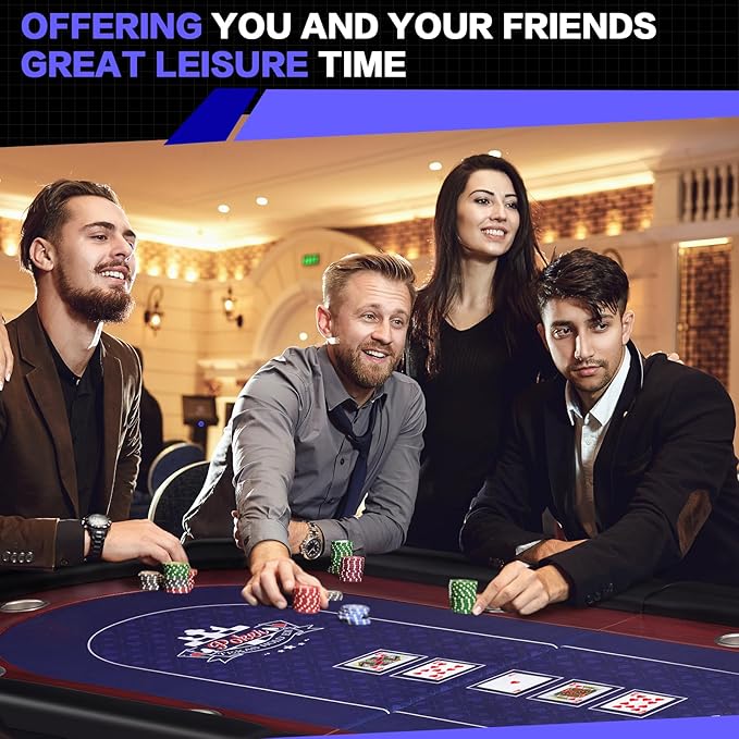 86" Foldable Poker Table, 10-Player Large Folding Texas Holdem Blackjack Table with Cup Holders