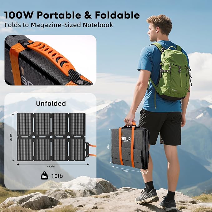 100W Portable Foldable Folding Solar Panels, IP67 Waterproof for Camping, Outdoor Power Supply