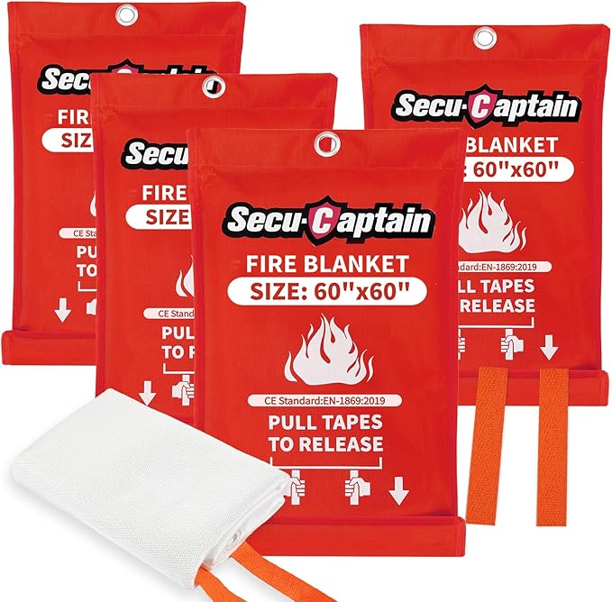 SecuCaptain Emergency Fire Blanket for Home - 60"x60" X-Large 4 Pack Flame Retardant Blankets with