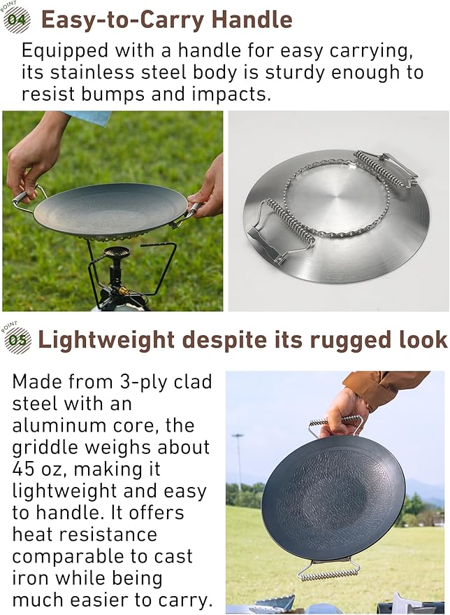 camping moon BBQ Grill Pan Dia 12.8-inch Round Griddle 3-Ply Composite Steel Nonstick Foldable